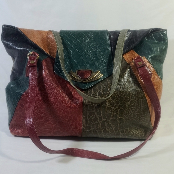 Sharif Handbags - Sharif Vintage Large Multicolored Patchwork Boho Leather Tote Shoulder Bag Purse